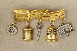Vintage Costume Jewelry Gold &amp; Silver Tone Sewing Charm Dangle Brooch Pin - £16.27 GBP