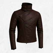 Maroon Steampunk Leather Biker Jacket: Grommet Sleeves, High Collar - $197.95