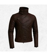 Maroon Steampunk Leather Biker Jacket: Grommet Sleeves, High Collar - $197.95