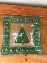 Gorham Marked Small Fused Art Glass Square Tray Dish w Christmas Tree in Center  - £9.00 GBP