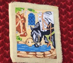 Vintage tapestry, hand embroidered gobelin needlepoint, horses drink water - $20.00