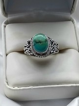 Vtg Southwestern Turquoise Sterling Silver Ornate Filigree Cabochon Ring Sz9 8gr - £33.27 GBP