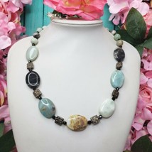 Artisan Calcite &amp; Agate Stone Beaded choker Necklace 925 Sterling Silver Clasp - £19.94 GBP
