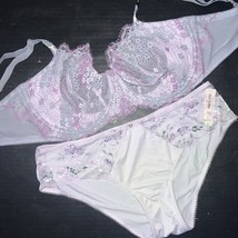 Victoria&#39;s Secret unlined 36DDD BRA SET M panty PURPLE LILAC ombre floral lace - £55.52 GBP