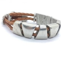 Double Strand Braided Leather Bracelet with Geometric Metal Slides, Made in USA - £72.43 GBP