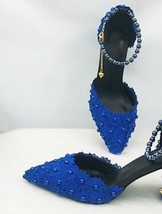 BaoYaFang Royal Blue Beads Flower Strap wedding shoes Bride Pointed Toe Square T - £122.88 GBP