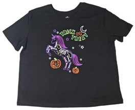 Girls Black &amp; Neon Unicorn Trick or Treat Halloween T-Shirt Tee Shirt Si... - £5.61 GBP