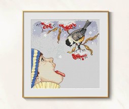 Girl and Tit Cross stitch Winter pattern pdf - Christmas Card embroidery - $6.99