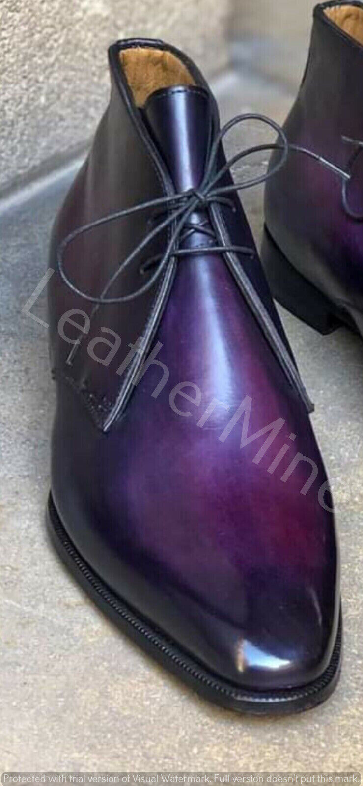 Men's handmade Leather Boots Purple Hand Patina Chukka Dress boots for men