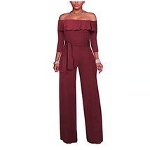 Women&#39;s Ruffled Overlay Off Shoulder Wide Leg Long Sleeves Jumpsuit with... - $25.86