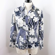 Olsen Europe Women&#39;s 4 Blue Floral Button-Up Fitted Long Sleeve Cotton Top - £9.59 GBP
