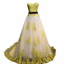 Vintage Gold Lace Long A Line Sweetheart White Prom Dress Wedding Gown US 8 - £134.55 GBP