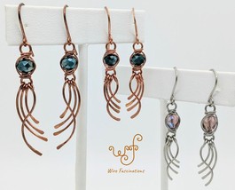 Handmade Copper Earrings Wire Wrapped Czech Glass with Curving Dangles - £20.75 GBP
