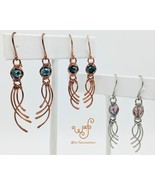 Handmade Copper Earrings Wire Wrapped Czech Glass with Curving Dangles - $26.00