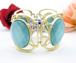 Bracelet Wide Chunky Vintage Lite Blue Oval Facet Cabs Goldtone Elastic Stretch - £15.00 GBP