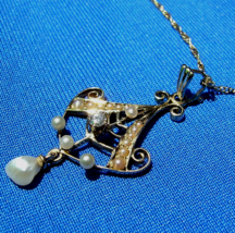 Earth mined Diamond Pearl Deco Pendant Antique Medallion Necklaces 14k Gold - $2,583.08 CAD