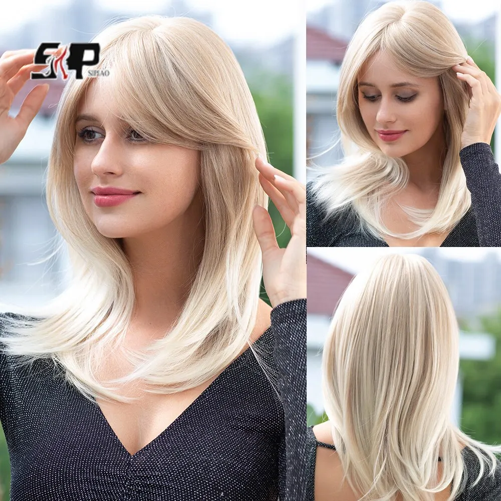Blonde Layered Straight Synthetic Wigs Long Wigs with Bang for Women Natural - £17.64 GBP