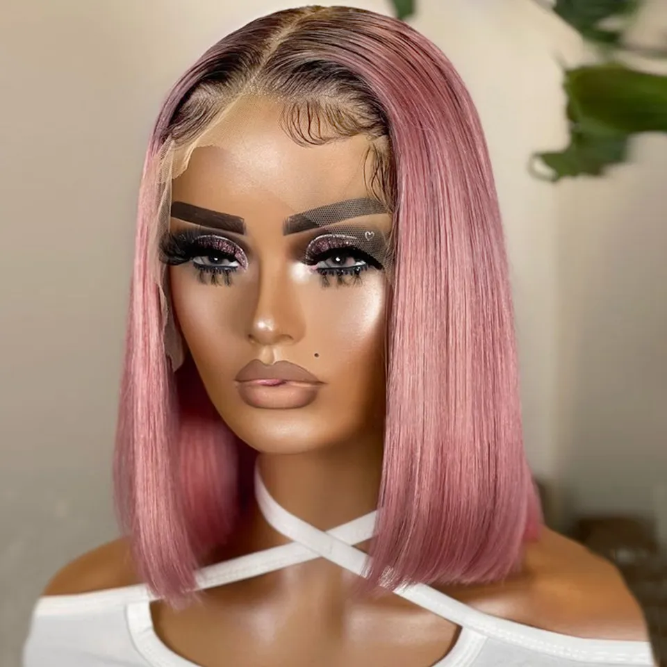 Ombre Pink Bob Wig Straight Lace Front Human Hair Wigs For Women Short  B - $85.86