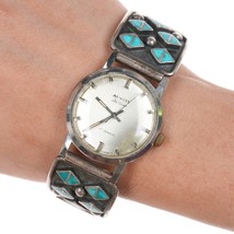 7&quot;+ Vintage Zuni silver flush inlay turquoise watch bracelet - £130.09 GBP