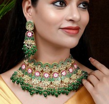 Bollywood Indian Style Gold Plated Kundan Enameled Choker Necklace Jewelry Set - £67.61 GBP