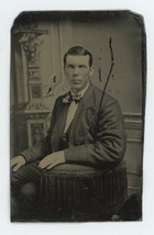 CIRCA 1860&#39;S 1/6 Plate TINTYPE Hand Tinted Handsome Man Sitting in Suit &amp; Tie - £12.34 GBP