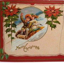  Christmas Postcard Children Sled Downhill Snow Poinsettia Flowers 1909 Germany - £8.80 GBP