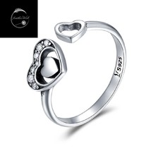 Genuine 925 Sterling Silver Two Hearts Adjustable Resizable Ring With Clear CZ - £14.89 GBP