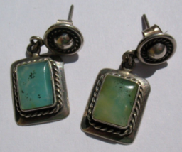 Vintage Sterling Silver Turquoise Color Pierced Stud Dangle Earrings Rectangular - £17.67 GBP