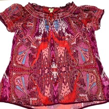 One World Shirt Size 1X Beaded Design Lightweight Red Purple Blouse - £11.27 GBP