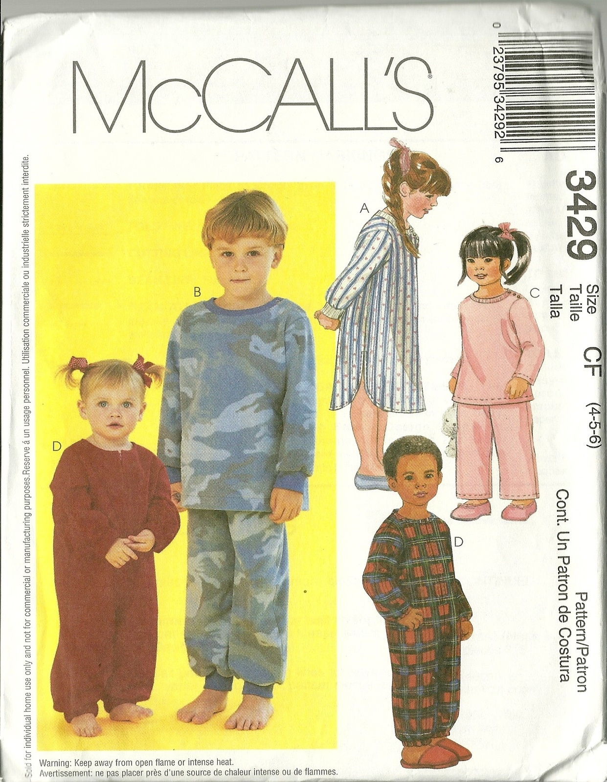 McCall's Sewing Pattern 3429 Childrens Girls Boys Pajamas PJs Size 4 5 6 New  - $9.99