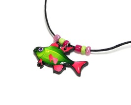 Mia Jewel Shop Fish Sea Animal Graphic Acrylic Dangle Pendant Beaded Black Cord  - £11.85 GBP