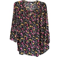 Old Navy Pink and Yellow Dark Floral Tunic Top 3/4 Sleeve Sz XL Tie Front - $14.73