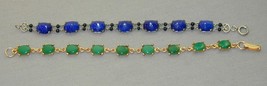 2 Vint Jeweled Bracelets Green Chrysoprase Cobalt Glass Tall Sparkly Cab... - $29.99