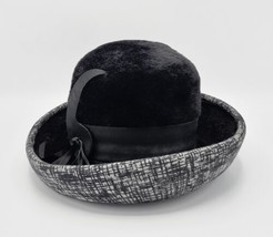 Vtg Chesterfield Women&#39;s Black &amp; Gray Abstract Faux Fur &amp; Felt Derby Hat 7.25&quot;  - £39.56 GBP