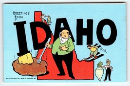 Greetings From Idaho Map Postcard Potato Butter Skier Beet Farmers Linen Kropp - £13.01 GBP