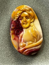 Nicely Carved Mustard &amp; Tan Woman w Cranberry Flowers Stone Pendant or Other Use - £26.47 GBP