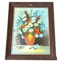 Boho Framed Flower Oil Painting Wood VTG Large 23X29 Floral Artist Signed READ - £67.24 GBP