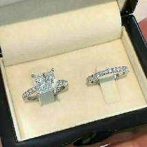 Engagement Ring Set 2.95Ct Princess Cut Diamond Solid 14k White Gold in Size 7.5 - £223.17 GBP