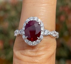 14k White Gold Plated 4.00Ct Oval Simulated Red Garnet Halo Engagement Gift Ring - £41.96 GBP