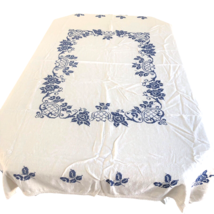 Vtg Hand Blue Cross Stitched Linen Tablecloth Rectangle 66x78 No Stains ... - £136.80 GBP