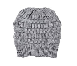 LOF Trendy Cable Knit Beanie Skully Hat with Warm Fleece Lining - Grey - £8.65 GBP