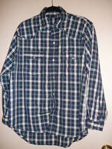 Men&#39;s Western Shirt Outback Rider Blue Plaid Polyester Snaps Long Sleeve... - £7.42 GBP