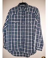 Men&#39;s Western Shirt Outback Rider Blue Plaid Polyester Snaps Long Sleeve... - £7.37 GBP