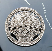 925 STERLING SILVER BUCKET OF FLOWERS MARCASITES BROOCH - $529.08 MXN