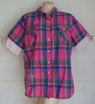 Disney Cruise Lines XL Colorful Plaid Floral Embroidered Cotton Shirt Top - $14.80