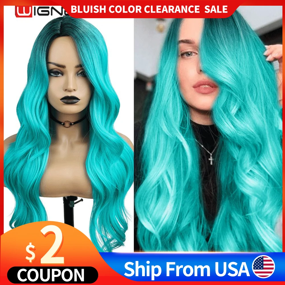 WIGNEE Bluish Light Blue Wig Synthetic Ombre Long Wavy Body Wave Side Part He - £20.24 GBP+