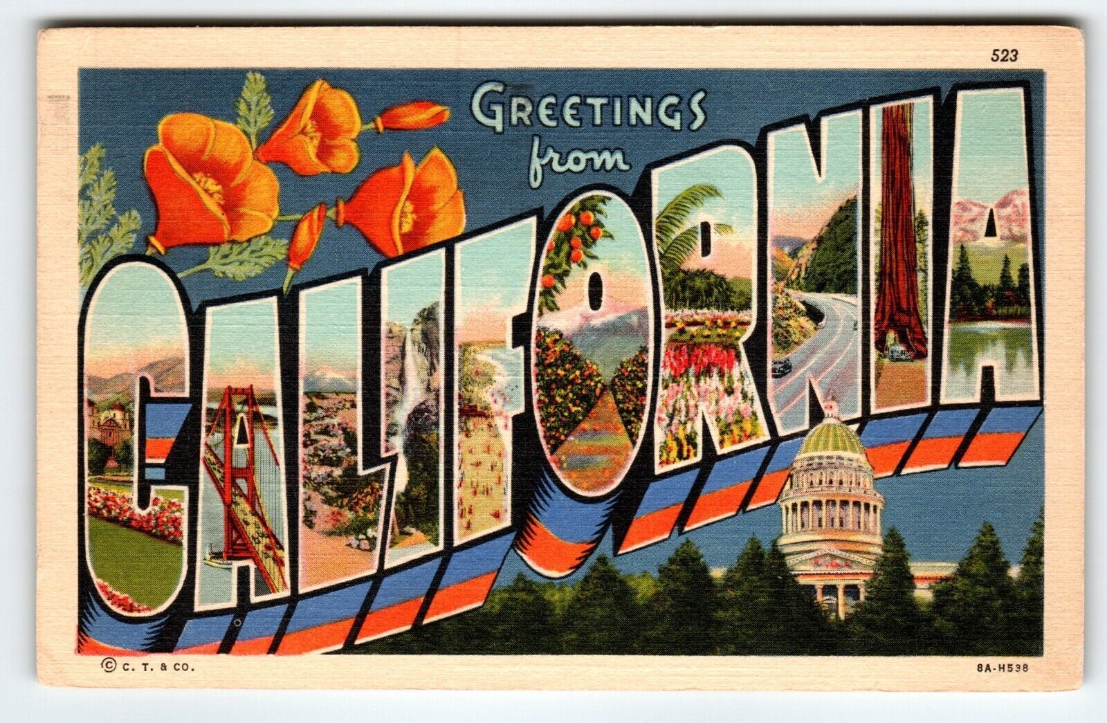 Greetings From California Large Big Letter Linen State Postcard 1938 Curt Teich - $10.93
