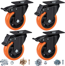 Casters, 4&quot; Caster Wheels，Casters Set of 4 Heavy Duty - Orange Polyureth... - £31.94 GBP