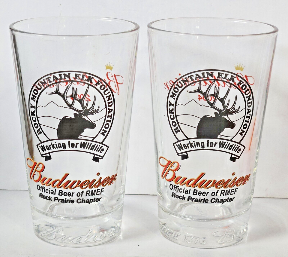 Lot of 2 Budweiser 2004 Rocky Mountain Elk Foundation Beer Glasses 16oz 6" Tall - $18.65