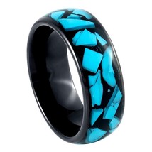 Tungsten Ring Black IP Plated Blue Turquoise Fragments Inlay 8 mm Wedding Band - £31.01 GBP